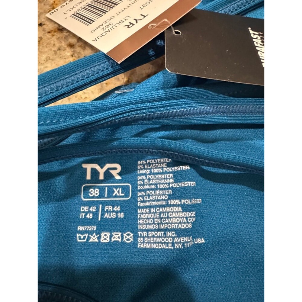 TYR Oceanid Durafast Elite Trinityfit 1 Piece Swimsuit Light Blue Aqua 38 XL NWT - Picture 6 of 12